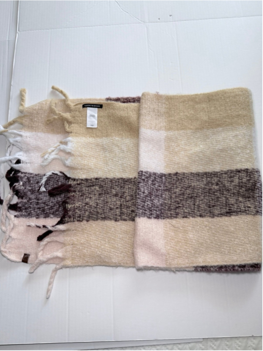 Lucky Brand beige and brown cozy plaid fringe scarf 36x72